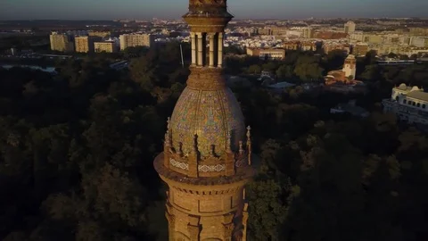 4k drone - Tower of the Plaza de Espana at sunrise.  Seville (Sevilla), Spain. Stock Footage 82673025