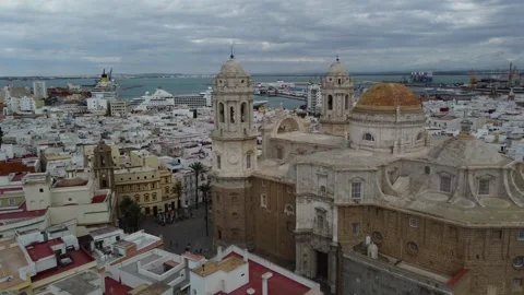 4K Drone Video: Dramatic View of Cadiz Cathedral on a Cloudy Day, Spain Stock Footage 246597817