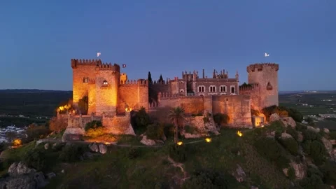 4K drone video: Illuminated Almodovar Castle at night, Spain Stock Footage 332552877