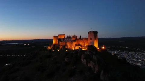 4K drone video: Illuminated Almodovar Castle at night, Spain Stock Footage 332552906