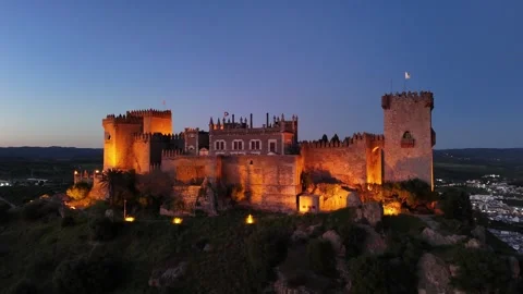 4K drone video: Illuminated Almodovar Castle at night, Spain Stock Footage 332552916