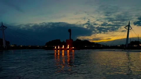 4K Drone Video of lighting of the flames Keeper of Plains Wichita Kansas Stock Footage 201210442