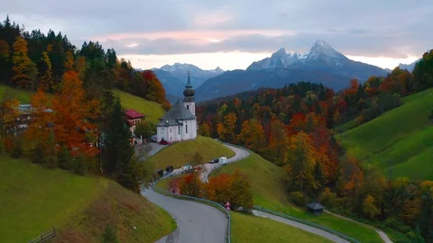 4k drone video of Maria Gern church with Hochkalter peak on background. Stock Footage
