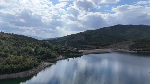 4k Drone Video, reflection of cloudy sky over the water of lake Stock Footage 286048364
