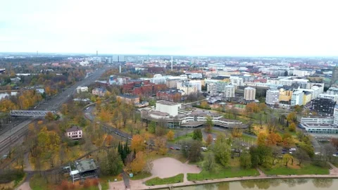 4K drone video of river flowing in coastal town of Helsinki Finland Stock Footage 257936058