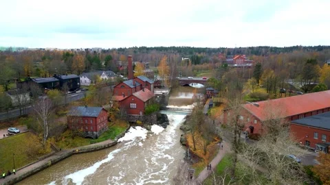 4K drone video of river flowing in coastal town of Helsinki Finland Stock Footage 257936469