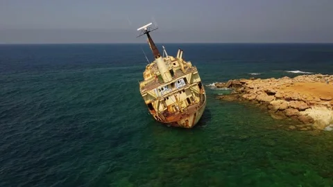 4K drone video, shipwreck EDRO III, Paphos, Cyprus Stock Footage 237344907