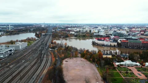 4k drone video of train station in Helsinki city of Finland. Stock Footage 257935961