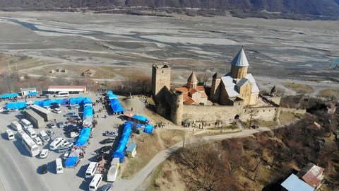 4k drone view above of a castle complex, Ananuri, Georgia. Stock Footage 112189123