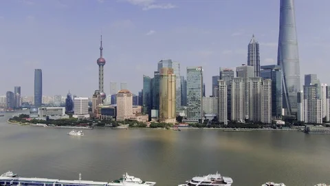 4K drone view of The Bund in Shanghai, China, daylight, clear sky 動画素材 105487048