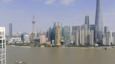 4K drone view of The Bund in Shanghai, China, daylight, clear sky Stock Footage 105487155
