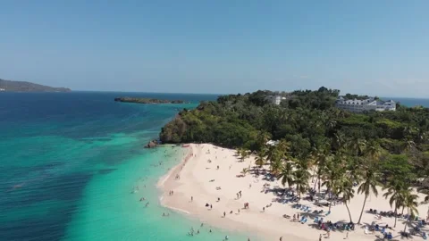 4K drone View of Cayo Levantado Island with Bustling Beach Video stock 294455457