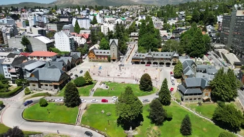 4K Drone View of Centro Civico Bariloche and Central Plaza in Summer Stock Footage 304843761