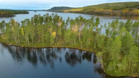 4K drone view of forested islands in a lake during autumn, likely in Finland or Stock Footage 308960542