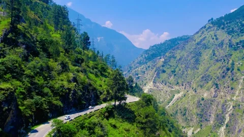 4K Drone View of Green Mountains, Valley, and River on Shimla–Kaza Route Stock Footage 314659656