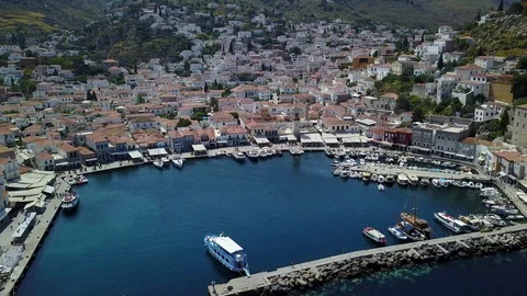 4K Drone view of Hydra harbor Greece Stock Footage 114374795