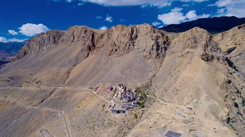 4K Drone View of Key Monastery in Spiti Valley with Surrounding Mountains Stock Footage 314504494