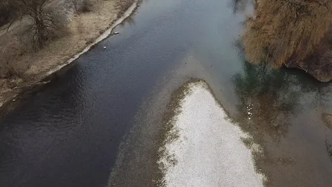 4k Drone View over river and way, road with riverbank, riverstone in autoumn. Stock Footage 90777294