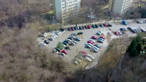 4k drone view of parking lot in Czerniakow district in Warsaw city, Poland Stock Footage 153161561