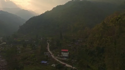 4K drone view, pristine river winding, Himalayan mountains of Sikkim, India. Stock Footage 341972504