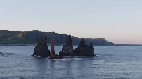 4K Drone View of Reynisdrangar Basalt Sea Stacks, South Iceland Coast Stock Footage 341578456