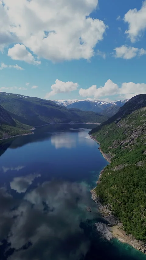 4K Drone View of Serene Landscape and Reflection in Norwegian Fjord, Trolltunga Vídeos de archivo 296021564