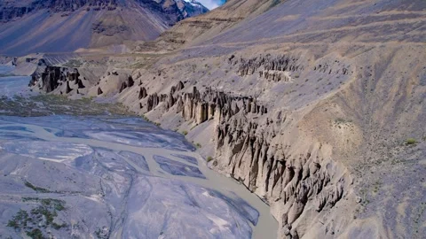4K Drone View of Spiti Valley with River, Sand Mountains, and Snow Peaks Stock Footage 313996948