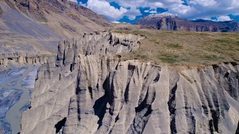 4K Drone View of Spiti Valley with River, Sand Mountains, and Snowy Peaks Stock Footage 314379130
