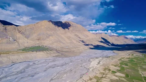 4K Drone View of Spiti Valley with High Himalaya Mountains on Sunny Day Stock Footage 314449593
