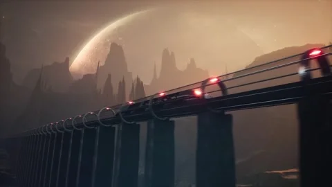 4K Durable alien train train into an alien planet Stock Footage 270118218