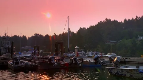 4K Dusk Sunset Light at Marina Boat Pier, Orange Sunset Landscape, Slow Motion Stock Footage 78932864
