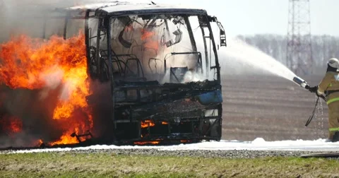 4K Editorial Footage Firefighter and Burning Bus on the Higway Stock Footage