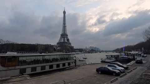 4K, Eiffel Tower and Seine river with boats in a winter day of Paris, France-Dan Stock Footage 106911114