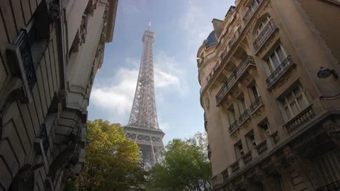 4K Eiffel Tower Low Angle Iron Lattice And Parisian Architecture View Stock-Footage 334455576