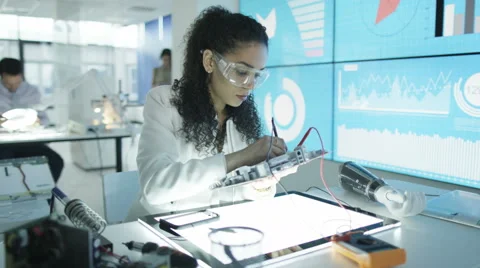 4K Electronics engineers working in lab with woman building circuit board Stock Footage 66689678