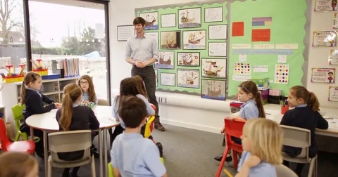 4k, Elementary children and their teacher in a lesson at school. Slow motion. Stock Footage 74233343
