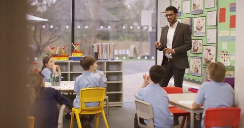 4k, Elementary children and their teacher in a lesson at school. Slow motion. Stock Footage