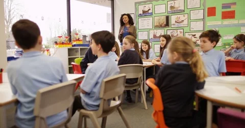 4K Elementary school teacher talking to her class &amp; asking questions Stock Footage 74261083