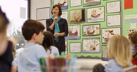 4K Elementary school teacher talking to her class of young children Stock Footage 74262116