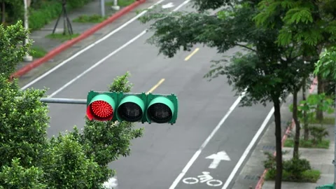 4K, Elevate view of traffic light sign in Taipei city with road and trees.-Dan Stock Footage 134282118