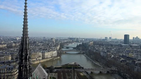 4K, Elevated view of Paris and Seine river from Notre Dame Cathedral winter.-Dan Stock Footage 106908051