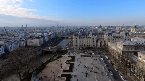 4K, Elevated view of Paris from famous Notre Dame Cathedral on winter day-Dan Stock Footage 106908391