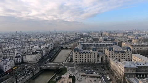 4K, Elevated view of Paris from famous Notre Dame Cathedral on winter day-Dan Stock Footage 106908604
