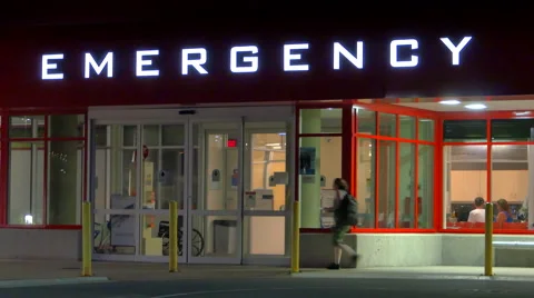 4K Emergency Waiting Room Area, Lit Sign at Hospital at Night Stock Footage