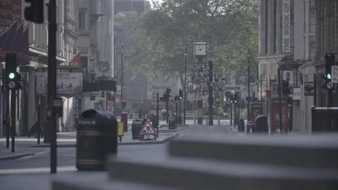 4K EMPTY CENTRAL LONDON STREETS LOCKDOWN / LEICESTER SQUARE / SUNNY / BLUE SKIES Stock Footage 286216898