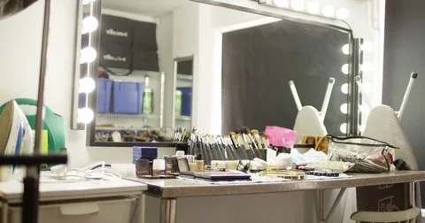 4K Empty dressing room with equipment from make up &amp; wardrobe depts Stock Footage 79435216