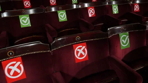 4K: Empty seats in the Theatre or Cinema with Social Distancing Ticks or crosses Video stock 136524408