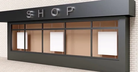 4k. Empty storefront. Brick wall on red brick wall background. White promotional Stock Footage 76121056