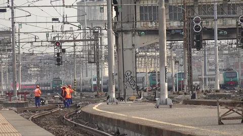 4K Engineer worker team verify rails infrastructure train railway transportation Stock Footage 74002498