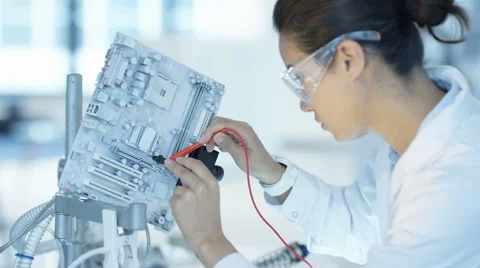 4K Engineer working in electronics factory building &amp; testing electronic devices Stock Footage 67748777